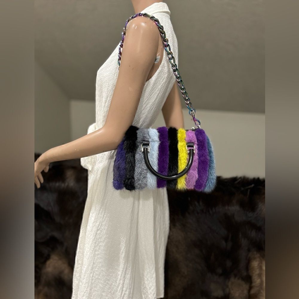Multi Way Use Handmade Color-block Real Mink Fur Top Handles Satchel/Crossbody - Picture 6 of 16